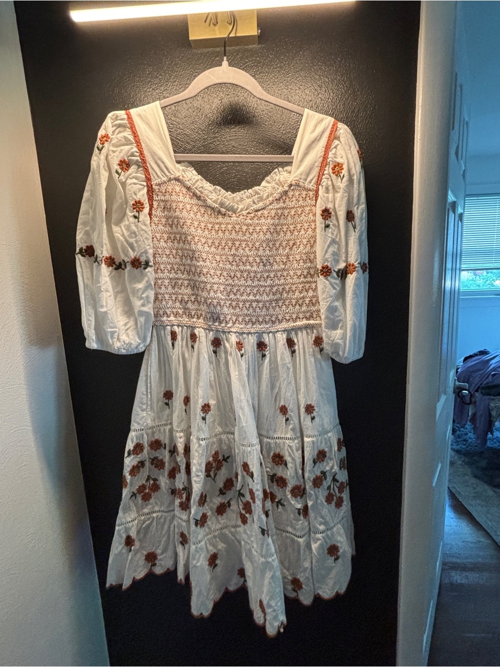 Ivy City Co Cream short Greta Dress with Brown Floral Embroidery - Picture 3 of 3